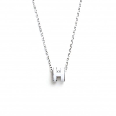 HERMÈS LACQUERED PALLADIUM POP H PENDANT NECKLACE WHITE 
